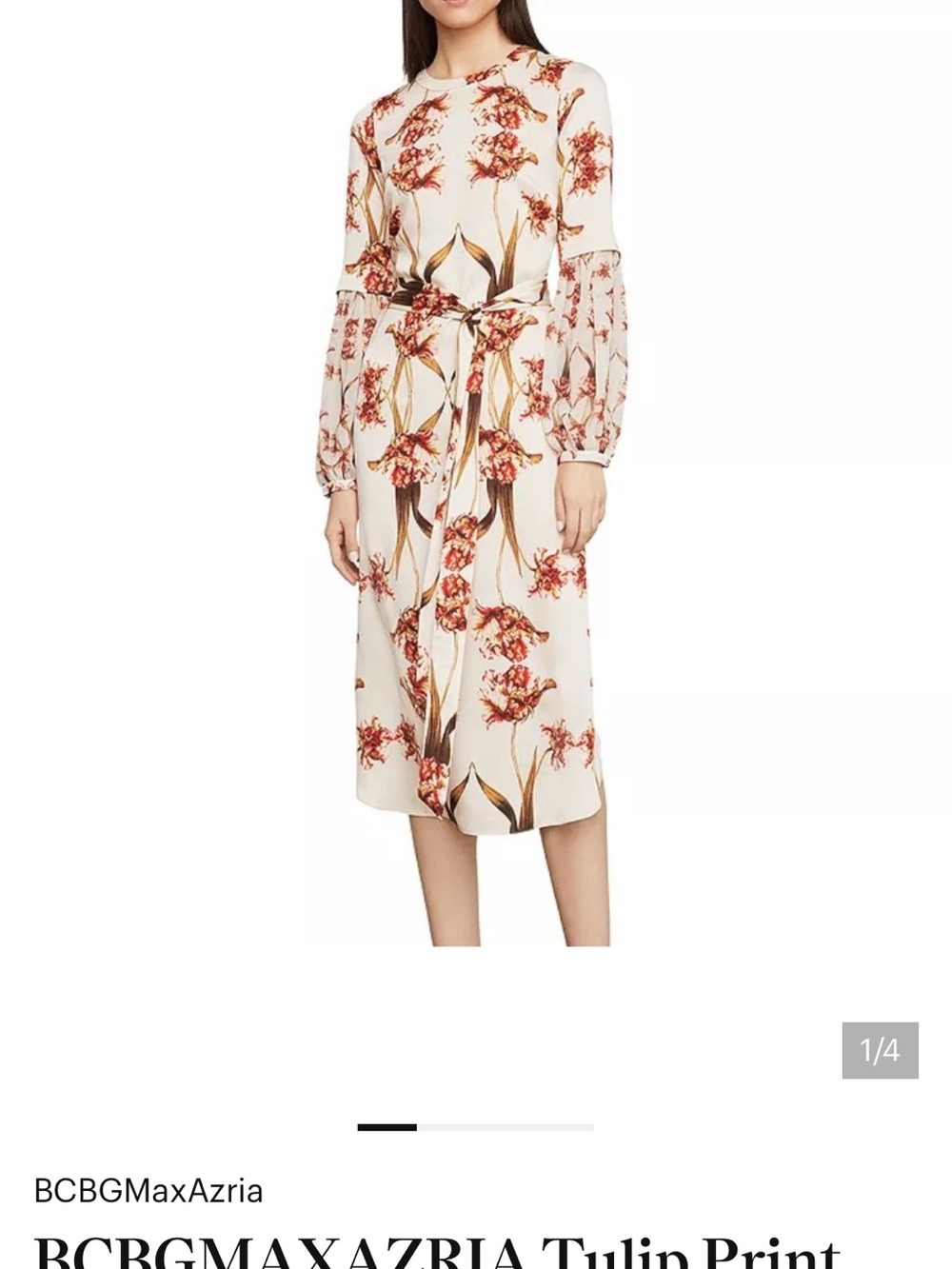 BCBGMaxAzria Cream Midi Dress with Red Floral Tulip Print Medium EUC